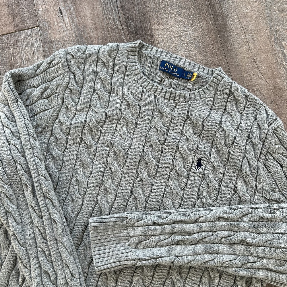 Polo Ralph Lauren Sweater Mens L Gray Cable Knit Crewneck Long Sleeve Logo